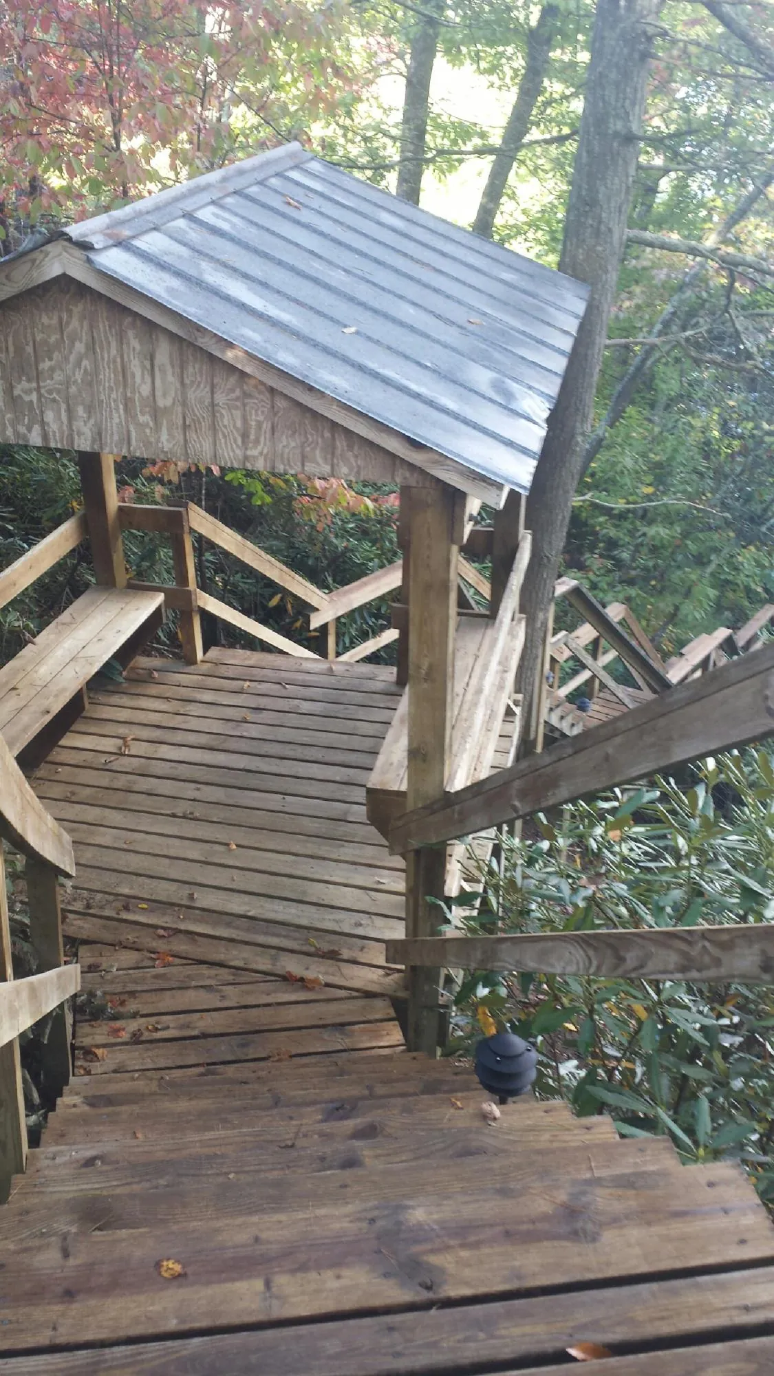 Metal roofed shelter over wooden steps on a wooded walkway — Skylight Repair & Installation work by our crew in Alpha